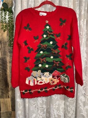 Vintage Carly St. Claire Red Christmas Tree Sweater - Women's Size S
